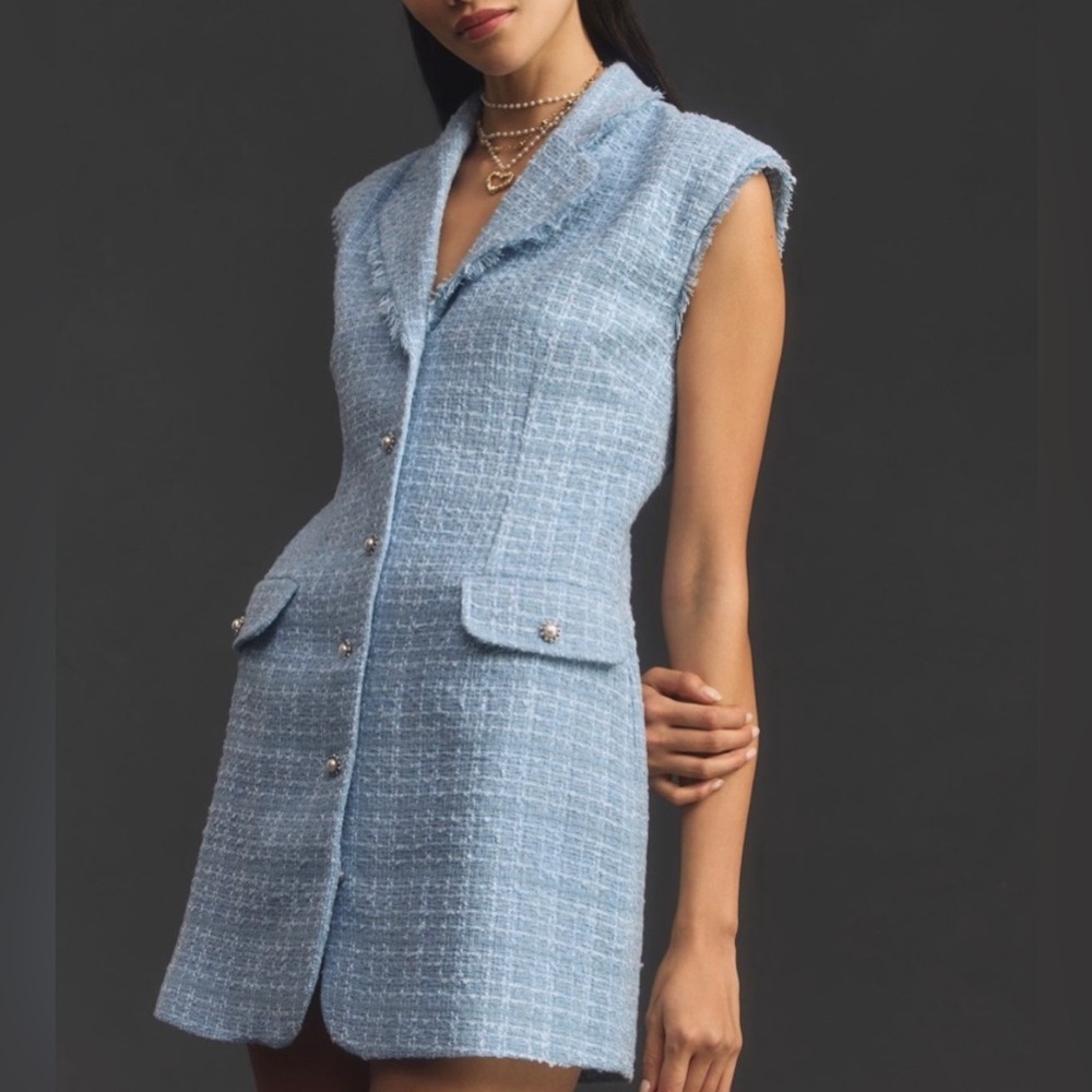 Anthropologie Maeve Sleeveless Tweed Blazer Mini Dress Blue New NWOT - Picture 3 of 10